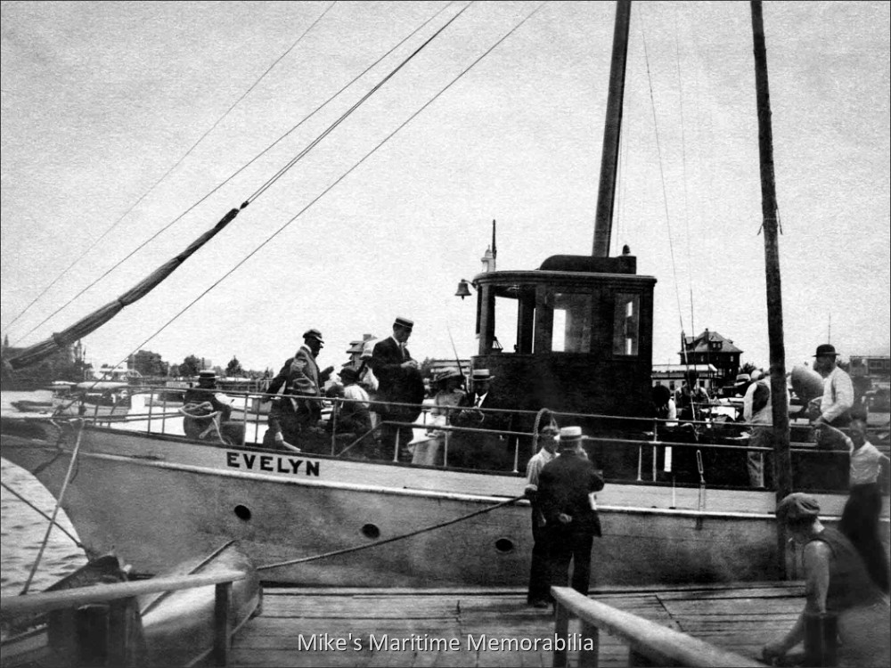EVELYN, Brooklyn, New York – 1913 Captain "Jake" Martin's "EVELYN" awaits departure from the Martin Bros. Dock at Sheepshead Bay, Brooklyn, NY in 1913. The "EVELYN" was built in 1892 as the steam yacht "LINTA". She was purchased by Captain Martin in 1911 and was converted to a party fishing boat in 1912 making her the first steam yacht to fish as a party boat from Sheepshead Bay.