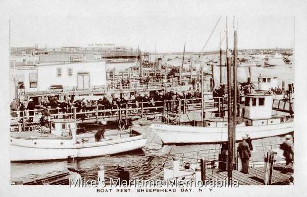 SHEEPSHEAD BAY, Brooklyn, NY – 1918 As this 1918 image proves, deep sea fishing was very popular only a few years after the first party boat sailed from this port. Each pier was soon occupied by boats, customers, and most importantly, FISH! The vessel to the right is the "DORA". She was built in 1904 at Hoboken, NJ and was operated by Captain Lou Komarek. Behind the "DORA" is the original "SEA PIGEON".