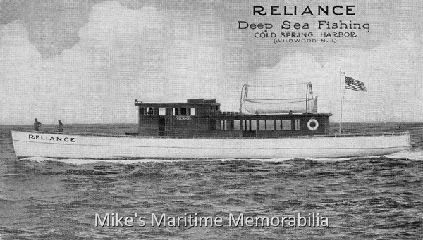 RELIANCE, Wildwood Crest, NJ – 1929 Captain Frank Canning's 106–foot "RELIANCE" from Wildwood Crest, NJ circa 1929. Inspected and approved by U.S. Steamboat Inspectors with a capacity of 135 persons. The boat waits for the "Fisherman's Special" train leaving Market Street Wharf, Philadelphia, PA for Cold Spring Harbor, Wildwood, NJ, daily at 7:00 AM (Sundays and Holidays, 6:00 AM.) Lines, bait, baskets and refreshments sold on the boat. For further information call Bell Phone No.749.