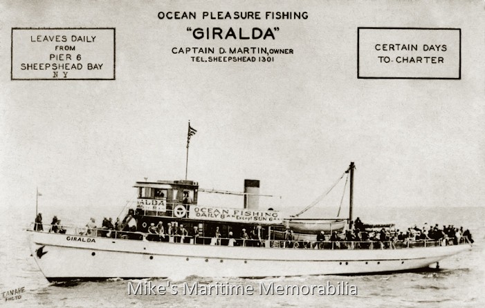 GIRALDA, Brooklyn, NY – 1927 A 1927 advertising postcard for Captain Dave Martin's "GIRALDA" sailing from Pier 6 at Sheepshead Bay, Brooklyn, NY. The coal–fired steamer "GIRALDA" was built in 1896 by James M. Baylis & Sons of Port Jefferson, NY as a luxury yacht. Captain Martin purchased the "GIRALDA" in 1914 and sailed her from Sheepshead Bay as a party fishing vessel until the beginning of World War II.