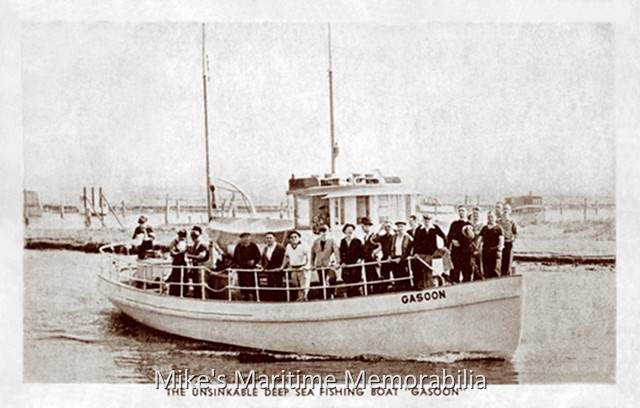 GASOON, Far Rockaway, NY – 1928 A 1928 postcard for Captain Frank Henning’s 'Unsinkable' party boat "GASOON" from Far Rockaway, NY. (Air tanks were strapped into her hull compartments to give her the 'unsinkable' status.) Built in 1911 at Jersey City, NJ, she began fishing in 1917 from that port under the command of Captain Frank Berringer. In 1926, Captain Frank Henning bought her and moved the boat to Simis' Beach at Far Rockaway, NY. The postcard is courtesy of Captain John Bogan Jr.