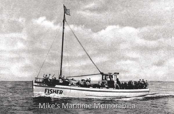 FISHER, Brooklyn, NY – 1935 The "FISHER" sailed from Sheepshead Bay, Brooklyn, NY under the command of Captain Frank Schwarzbach. She was built specifically for party boat fishing in 1927 at Brooklyn, NY. In 1949, she was sold to Captain Jackie Michaels and she continued to sail from Sheepshead Bay as his "AMERICA". She later sailed for one season as Captain Walter Zirkle's "BROOKLYN" and later as Captains 'Red' Tanfield and Gerry Nappi's "CAPT. RED". Postcard courtesy of Captain Tony 'Mo' Barbato.