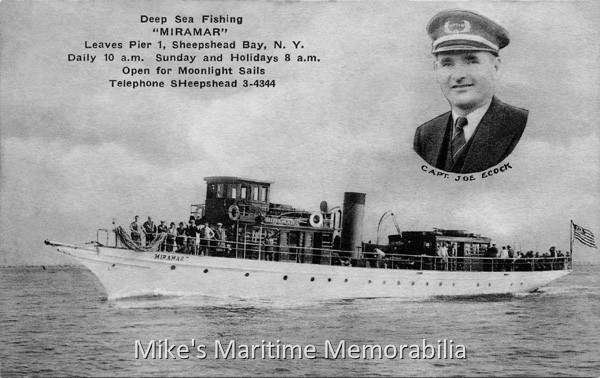 MIRAMAR, Brooklyn, NY – 1935 Captain Joe Ecock’s "MIRAMAR" from Pier 1, Sheepshead Bay, Brooklyn, NY circa 1935. Built in 1910, she was a 100-foot, steel hulled, converted steam yacht.