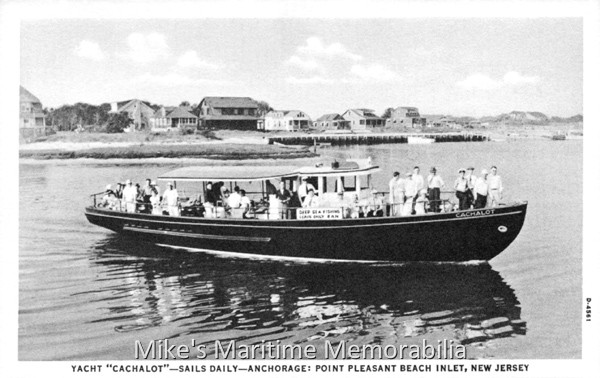 CACHALOT, Point Pleasant, NJ – 1935 The "CACHALOT" from Point Pleasant Beach, NJ circa 1935. Built in 1932 by Johnson Brothers Boat Works at Bay Head, NJ, she was operated by Captain Bill Hulse. A $2 fare was typical for a day's fishing during the Great Depression.