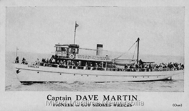 GIRALDA, Brooklyn, NY – 1935 Captain Dave Martin's "GIRALDA" from Pier 8, Sheepshead Bay, Brooklyn, NY circa 1935. The "GIRALDA" originally was a luxury yacht that Captain Martin purchased in 1914 and converted into a party fishing boat. Captain Martin billed himself as the "Pioneer of Off Shores Wrecks" and the marketing shtick was as follows... "Do you want a real good deep sea fishing and a healthful sail? Then try a trip with us now. More fish caught than in years. Ladies are also having wonderful catches and Thrills Galore. Fare including bait is $2.50. Sails daily at 7:45 AM and 4:30 AM Sunday." Hmm, makes you wonder what sort of thrills the ladies got.