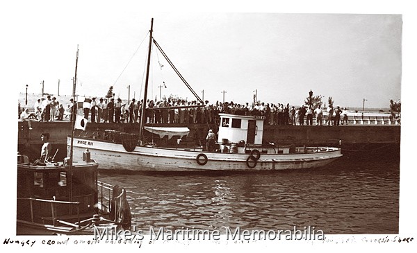 ROSE R II, Brooklyn, NY – 1937 The party boat "ROSE R II" circa 1937. Captain Dick Person sailed her from Stahle's Pier in Canarsie, Brooklyn, NY. The caption on the bottom of the picture says, "Hungry crowd awaits unloading of 1st boat in from annual gefilte fish tourney. Canarsie shore." Built in 1913 at Patchogue, NY for Captain Gus Rau, the "ROSE R II" had a whopping 100-horsepower engine.