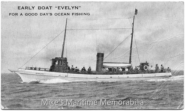 EVELYN, Brooklyn, NY – 1937 The "EVELYN" from Pier 2, Sheepshead Bay, Brooklyn, NY circa 1937. This boat was for early birds; she sailed at 4:30 AM daily. She was originally named the "LINTA", a steam yacht built in 1892 at Nyack, NY. Captain Jacob 'Jake' Martin purchased her in 1911 and converted her for party boat fishing; she first sailed from the "Martin Brothers Dock" at Sheepshead Bay. She was sold to Captain Ted Alexander in 1935, and she continued to operate from Sheepshead Bay. When the federal government appropriated Captain Martin's "SACHEM" at the start of World War II, he repurchased the "EVELYN" as a replacement until the end of the war.