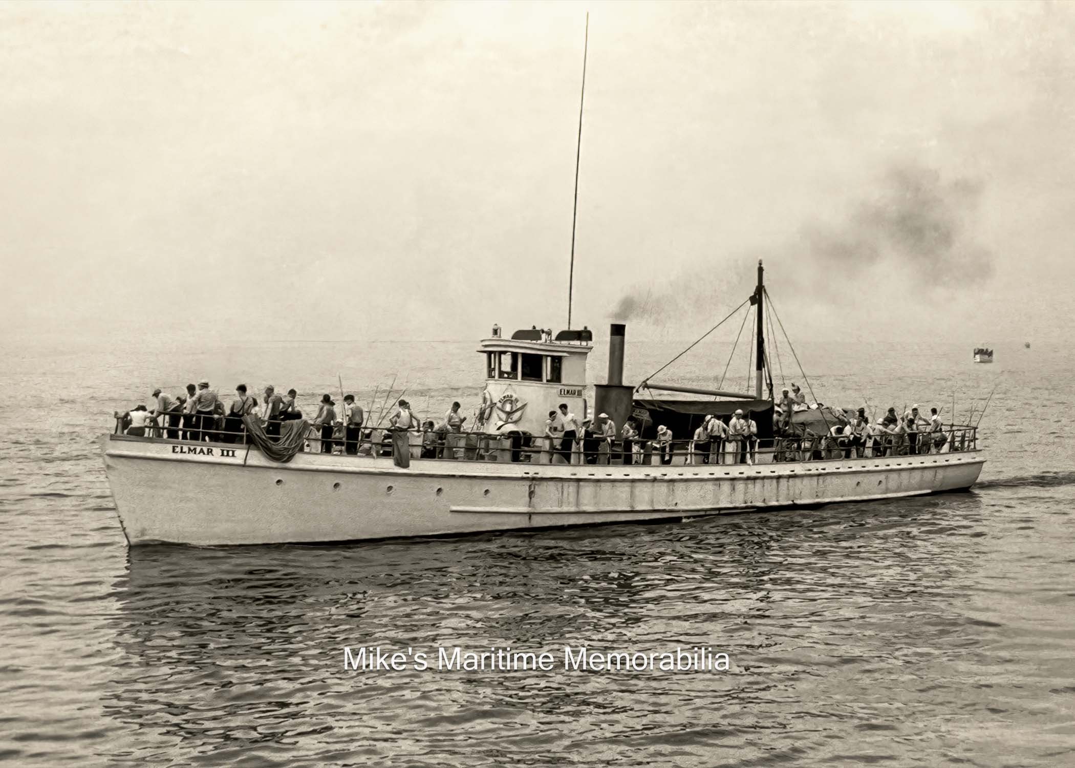 ELMAR III, Brooklyn, NY – 1942 Captain Gus Rau’s "ELMAR III" from Sheepshead Bay, Brooklyn, NY is seen here with a large crowd of anglers off Highlands, NJ in September of 1942. The "ELMAR III" was a converted World War I U.S. Navy Sub Chaser ("SC-186") that was built in 1917 by the International Shipbuilding and Marine Engine Co. at Upper Nyack, NY.