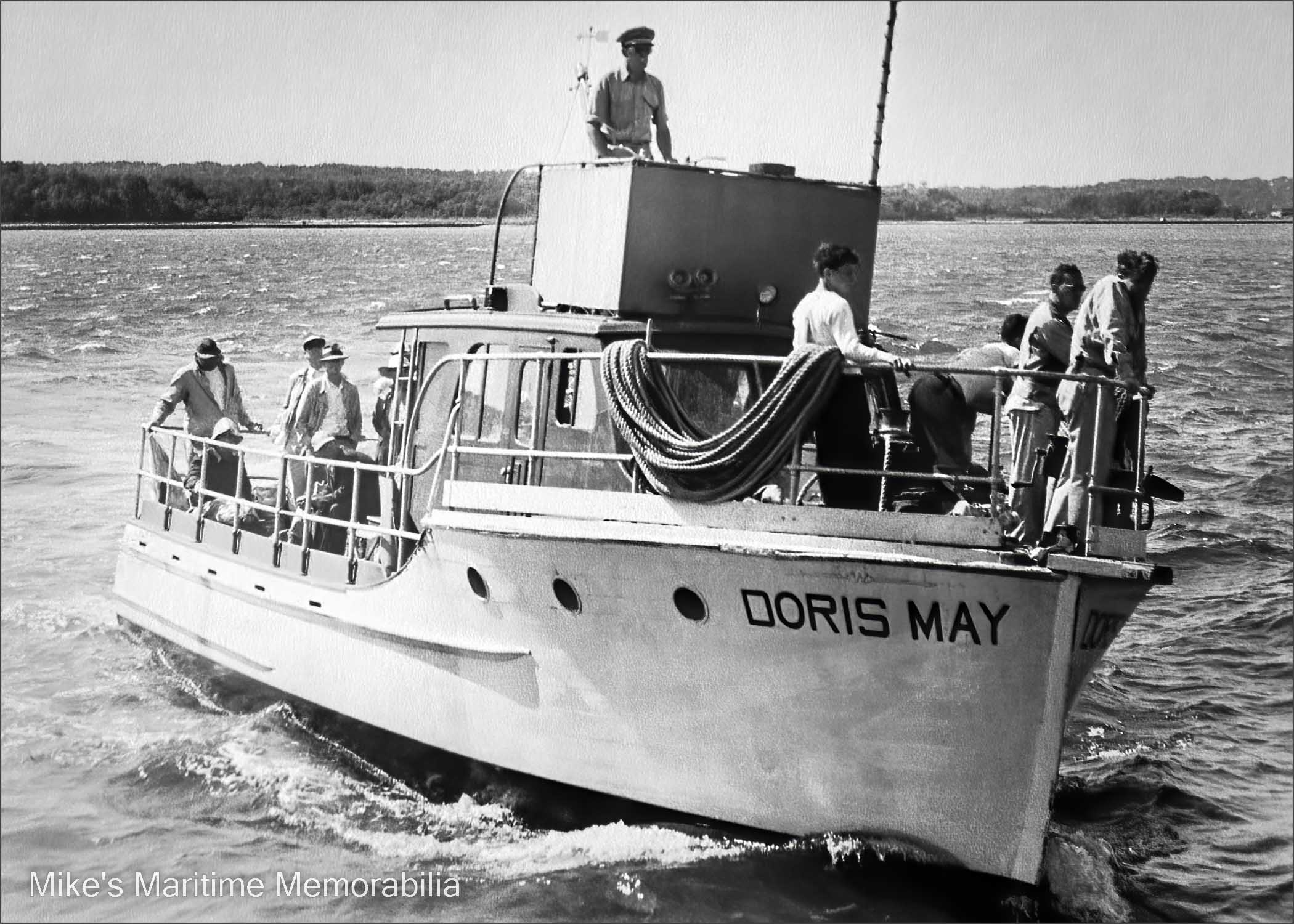 DORIS MAY, Belmar, NJ – 1944 The "DORIS MAY" from Belmar, NJ circa 1944. Built in 1940 by Wheeler Shipyard at Brooklyn, NY, she was powered by twin 100 HP six-cylinder Chrysler Crown gasoline engines. The "DORIS MAY" was owned and operated by Captain Harry Pflug. She was sold in 1949 to Captain Jimmy Carves and became his "BELBOY II", and sailed from Great Kills, Staten Island, NY. She was sold again in 1950 and became Captain Edward Carroll’s "PELICAN" from Montauk, NY. Sadly, the "PELICAN" capsized capsized on December 1, 1951 one mile north of Montauk Lighthouse while returning from a fishing trip during stormy weather and 45 persons, including the Captain, lost their lives. At the time, for-hire boats like the "PELICAN" were not subject to annual inspection and certification by the U.S. Coast Guard, but the tragedy was the catalyst for significant legislative changes to the party fishing industry.