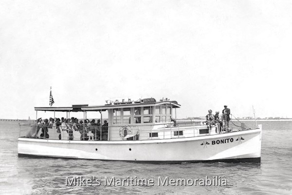 BONITO, Atlantic City, NJ – 1948 Captain Lloyd Reeves' "BONITO" was built in 1931 at Forked River, New Jersey and she was the first boat to ferry tourists from Beach Haven, New Jersey to Starn's Pier at Atlantic City. Once the crowds became too large for this small vessel to carry, she joined the party boat fleet. Taken out of service in 1952, she was later scuttled off the coast of Atlantic City, and became what is known as the 'Lost Wreck'. Photo courtesy of Don Nyce.