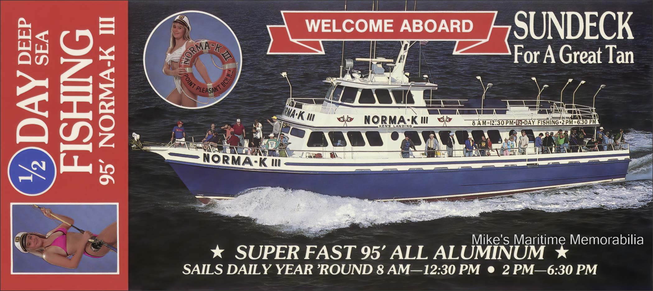 NORMA-K III Rack Card, Point Pleasant Beach, NJ – 1994 A rack card for Captain Ken Keller's "NORMA K III" from Ken's Landing at Point Pleasant Beach, NJ circa 1994. She was built in 1975 by Gulf Craft at Patterson, LA and is still operated by the Keller family.