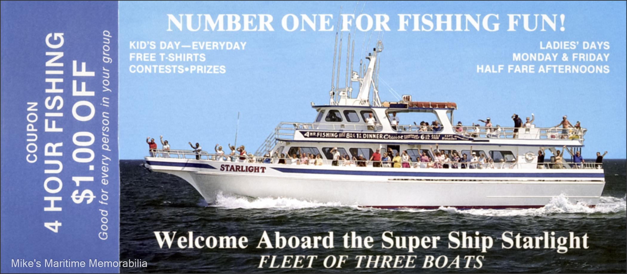 STARLIGHT Rack Card, Cape May, NJ – 1990 A 1990 advertising rack card for the "STARLIGHT". The "STARLIGHT" was built in 1984 for Captain Jim Cicchitti by Gulf Craft at Patterson, LA. She later sailed as the "ELEANOR R" from Cleveland, OH before returning to New Jersey as the "WHALE WATCHER II" from Cape May, NJ. She then sailed as the "NORTH STAR EXPRESS" from Panama City, FL and is presently sailing as the "CAPT. ANDERSON IV" from Panama City, FL.