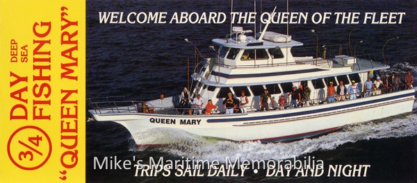 QUEEN MARY Rack Card, Point Pleasant Beach, NJ – 1992 The "QUEEN MARY" from Point Pleasant Beach, NJ circa 1992. She was built in 1979 at Stuart, FL by Lydia Yachts as Captain Bob Pennington's "SEA DEVIL". She was briefly named the "LADY ELISE" (in honor of Captain Bob's daughter) before becoming the "QUEEN MARY" in 1992.