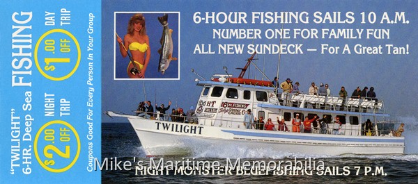 TWILIGHT Rack Card, Wildwood Crest, NJ – 1992 The "TWILIGHT" from Wildwood Crest, NJ circa 1992. Built in 1973 by East Bay Boat Works at Harkers Island, NC as the "C-CRITTER", she later sailed as the "CAPT. DAN II" from Captree, NY and then as the "TWILIGHT". She returned to Captree, NY for a second stint as the "CAPT. DAN II" and then became the "ORLANDO PRINCESS". After a remodeling, the boat returned to Captree, NY as the "CAPT. BOB-O".