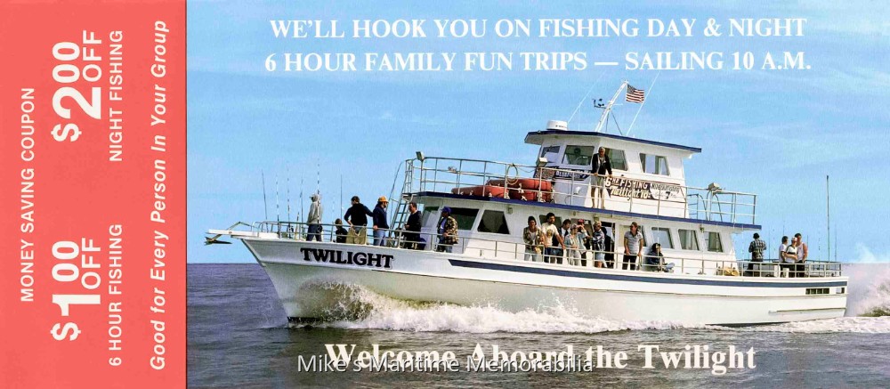 TWILIGHT Rack Card, Cape May, NJ – 2004 A 2004 advertising rack card for Captain Jim Cicchitti's "TWILIGHT" from Wildwood, New Jersey. She previously sailed as the "KEEN LADY III" from Lewes, DE.