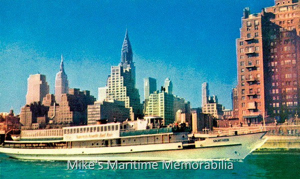 SIGHTSEER, New York, NY – 1951 Captain Jacob 'Jake' Martin sold the "SACHEM" to the Circle Line after the end of World War II. This 1951 Circle Line postcard shows her when she was named the "SIGHTSEER". The vessel spent many years sailing around Manhattan Island under the Circle Line flag. She was later named the "CIRCLELINE SIGHTSEER" and lastly as the "CIRCLE LINE V" before being taken out of service.