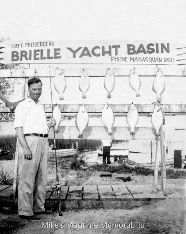 Fluke Catch, Brielle, NJ – 1945 Thomas E. Perrine, Sr. is shown with a nice mess of fluke that he caught aboard the "CHAPPIE". The photo was taken at Captain Charlie Frieberger's Brielle Yacht Basin in 1945. Photo courtesy of Fred Perrine.