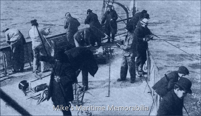 FISHING ABOARD the STEAMBOAT ANGLER, New York, NY – 1908 Hauling in fish in a lively fashion on the hurricane deck of Captain Al Foster's "ANGLER" in 1908. This photo shows more examples of the gear and garb of the time. The 'regulars' preferred the topmost fishing deck since it allowed them to cast.