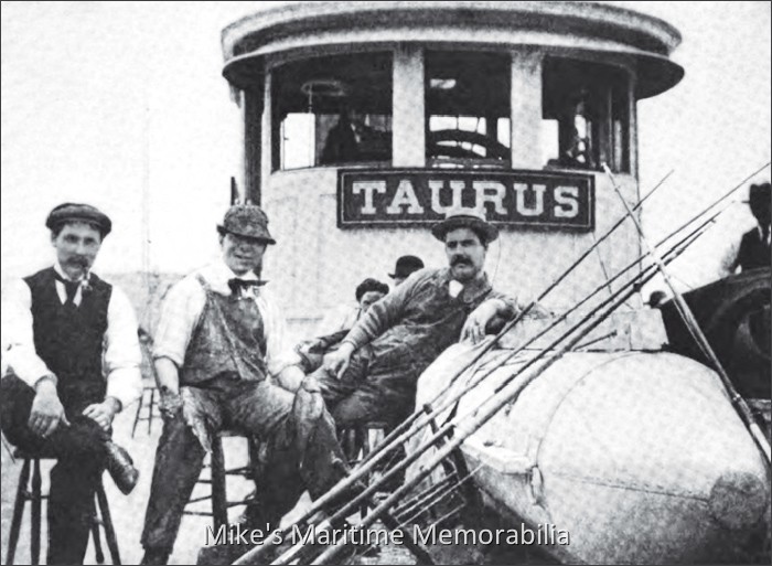 DECK OF THE TAURUS, New York, NY – 1917 This vintage 1917 image shows a group of anglers aboard the top deck of the steamboat "TAURUS" ahead of the pilothouse. It shows the vintage angler's garb, the very long wooden and bamboo rods that were necessary when fishing the top deck, and the huge helm wheel in the pilothouse. The fishing rods are resting against part of a pontoon boat (life raft).