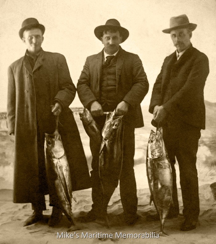 Tuna Catch, Brielle, NJ – 1911 A catch of Tuna taken off the New Jersey coast circa 1911. Appropriate angler attire of the day included jackets, ties and hats. These dapper anglers are holding Albacore Tuna, but in the vernacular of this era, all Tuna were called "Horse Mackerel".
