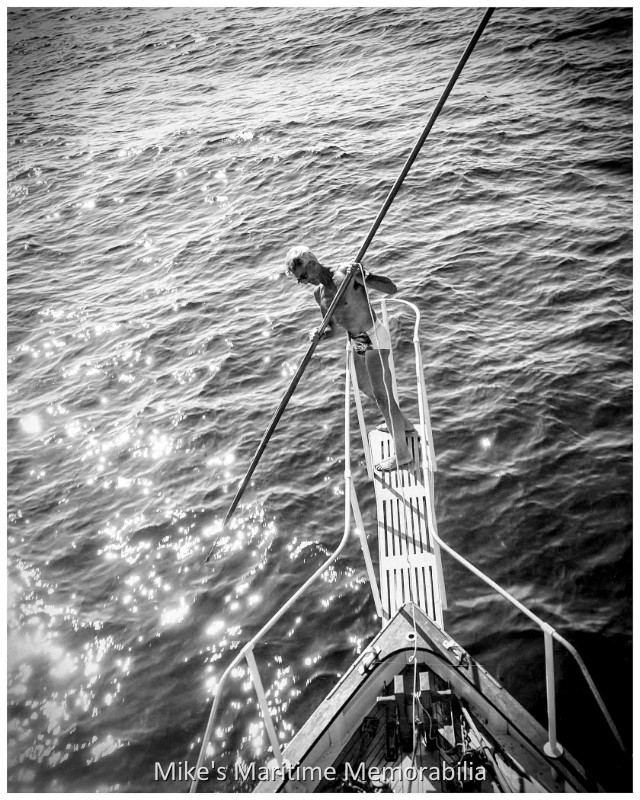 CHARLYN II Swordfish, Freeport, NY – 1953 New York fireboat Chief and Captain of the charter boat "CHARLYN II", George Versfelt, prepares to iron a swordfish from the pulpit circa 1953. George Versfelt was also a member of the Freeport Tuna Club and the 80 pound Sailfish he caught in 1951 still stands as a club record. Photograph by Cecil Clovelly. PS – This and the next four photographs were taken by amateur photographer, Cecil Clovelly. Along with being an avid saltwater angler and very good amateur photographer, Cecil Clovelly was a stage, film and Broadway actor, stage manager and director. British-born, he performed in movies such as "Dr. Jekyll and Mr. Hyde", released in 1920 playing Edward Enfield, "So Young So Bad"(1950) as Mr. Riggs, and "Two Gals and a Guy"(1951) playing Herbert. He appeared on Broadway opposite John Barrymore in "Peter Ibbetson" (1917) and "The Jest" (1919), and as the Gravedigger in "Hamlet" (1922). He later played Dr. Sommers in the long-running Broadway show "Life With Father" in 1947. Now here is the dirt… Cecil Clovelly was his stage name; his real name was George Cecil Lovely. He was a drinking buddy of actor John Barrymore and seller of bootleg liquor; was influential in the early careers of actors Bette Davis, James Stewart and Fred McMurray; ran an arts theatre in Woodstock, NY in the early 1940s and an acting school in New York City in the 1950s. With his background, Cecil had a good eye for photography and was probably a great guy to hang around with and have as a fishing buddy. Cecil passed away in New York City in 1965.
