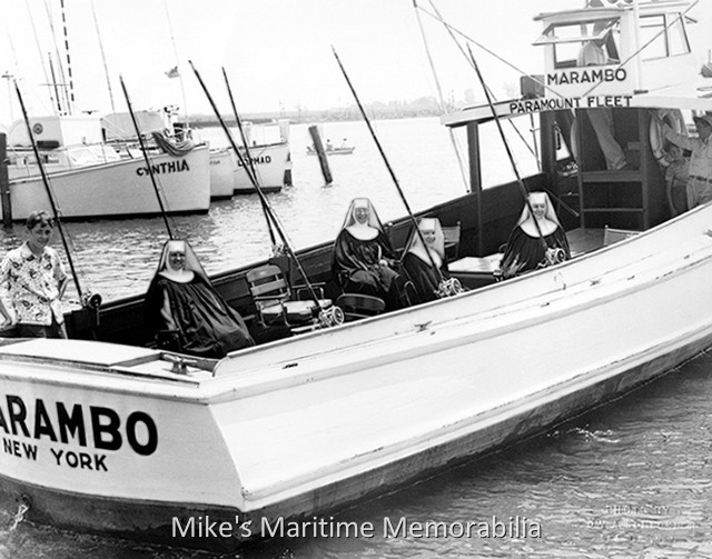 The TUNA FISHING NUNS – 1948 Holy Mackerel! An amusing picture of the 'Fishing Nuns' aboard the Bogan Family's "MARAMBO" from Brielle, NJ taken on July 23, 1948. The Sisters are from St. Peter's School, Point Pleasant Beach, NJ and they went out for a boat ride every year. (Alas, contrary to the heavy offshore trolling tackle shown in the picture, they didn't fish!) At the helm is Captain John Bogan Jr. and standing in the stern is John Bogan III. Under the cabin roof with his arm up is Alvis Duncan (his father ran the "DIXIE" for many years.) The young lad under his outstretched arm is Howard Bogan Sr. The "MARAMBO" was a converted 48' Boston, MA fireboat and she was usually operated by Captain Roy Skillman. (The Bogan family converted her the early 1940's and her homeport was the Manasquan River Yacht Basin, Brielle, NJ.) The "MARAMBO" was later sold to Captain Frank Baldus and she became the charter boat "LAUREL A II" from Point Pleasant Beach, NJ. Picture courtesy of Captain Dave Bogan Sr.