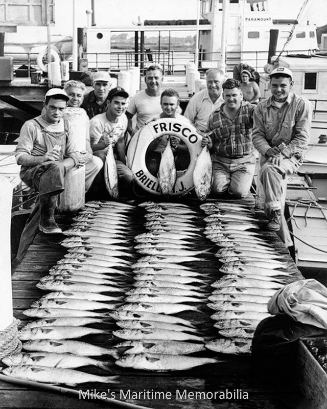 FRISCO Bluefish Catch – 1952 A young Captain Jack Endean (far right) and his mate (far left) pose for a photo and a 'Good Humor' ice cream after a successful day of fishing for Bluefish and Bonito aboard the "FRISCO" from Brielle, NJ in 1952. Photo courtesy of the Endean family.