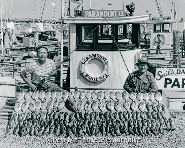 PARAMOUNT III Porgy and Black Sea Bass Catch – 1948 A nice catch of Porgies and Black Sea Bass made in 1948 aboard the "PARAMOUNT III" from Brielle, NJ. Photo courtesy of Captain John Bogan Jr.