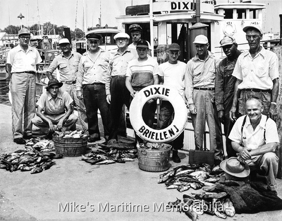 DIXIE Bottom Fishing, Brielle, NJ – 1953 This nice mixed catch of Black Sea Bass and Porgies was taken aboard the "DIXIE" sailing from Bogan's Basin in 1953. Shown in the background is the "REX". Photo courtesy of Captain John Bogan Jr.