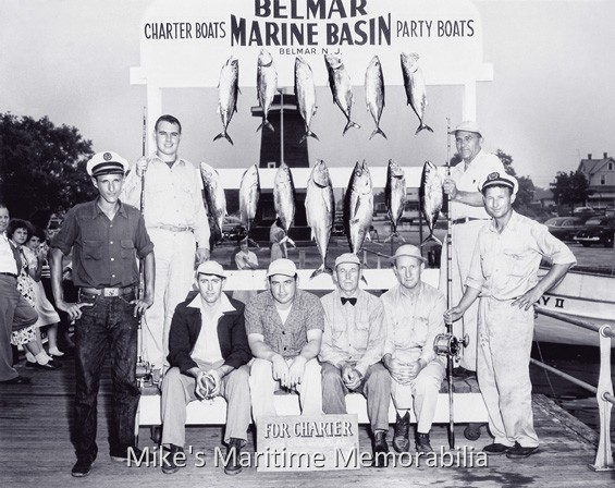 HALCYON Tuna, Belmar, NJ – 1953 Not a bad days work for these successful anglers aboard the charter boat "HALCYON". Shown in this photo are mate Joe Galluccio to the far left and Captain Gus Gavalas to the far right. Photo courtesy of Captain Joe Galluccio.