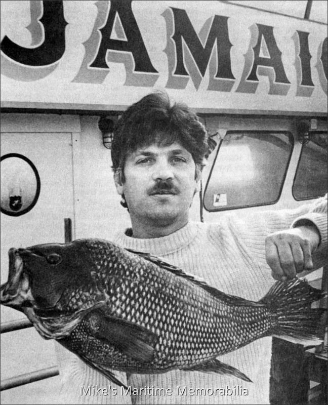 ROCCO ZARA and his Record Sea Bass, Brielle, NJ – 1985 On December 7, 1985 Rocco Zara of Freehold, New Jersey landed this 8-pound Sea Bass while fishing aboard the "JAMAICA" on an offshore Cod and Pollock trip. The giant Sea Bass held the 30-pound line IGFA world record and the New Jersey state record until it was bested by an 8-pound 2-ounce fish in 1992.