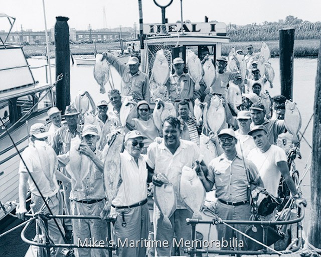 IDEAL I Fluke Catch – 1954 Hold 'em high! A fine mess of Fluke caught aboard Captain Doug Macintosh’s "IDEAL I" from Point Pleasant Beach, NJ in 1954. She was built in 1946 at Brooklyn, NY as Charlie Dodd's "OPTIMIST I" and later purchased by Captain Macintosh, a noted Fluke specialist.