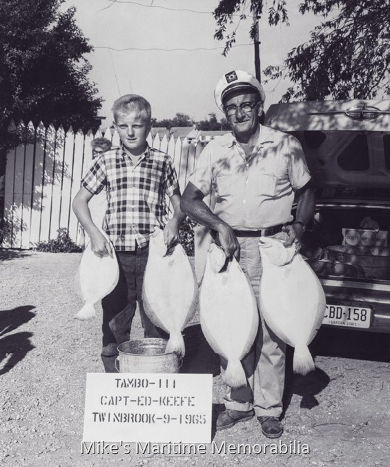 TAMBO III Fluke, Brielle, NJ – 1960 "Start 'em young" was the motto in the Keefe family. A young Ed Keefe Jr. is shown with regular customer Ira Ingram holding a few "Jersey Fluke" caught aboard his Dad's "TAMBO III". Captain Ed Keefe Sr. was another local boatman who specialized in locating jumbo Fluke along the rocks, wrecks, reefs, ledges and drop-offs off the Jersey shore. Photo courtesy of Ed Keefe Jr.