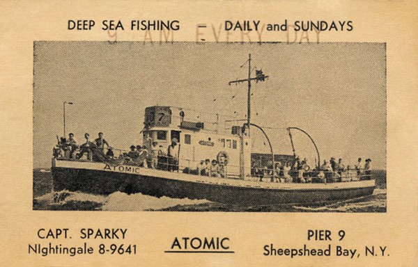 ATOMIC Advertising Card, Brooklyn NY – 1951 A 1951 advertising card for Captain Sparta 'Sparky' Telesca's "ATOMIC" from Sheepshead bay, Brooklyn, NY. Built in 1923 at Brooklyn, NY, she previously sailed as the "EFFORT II".